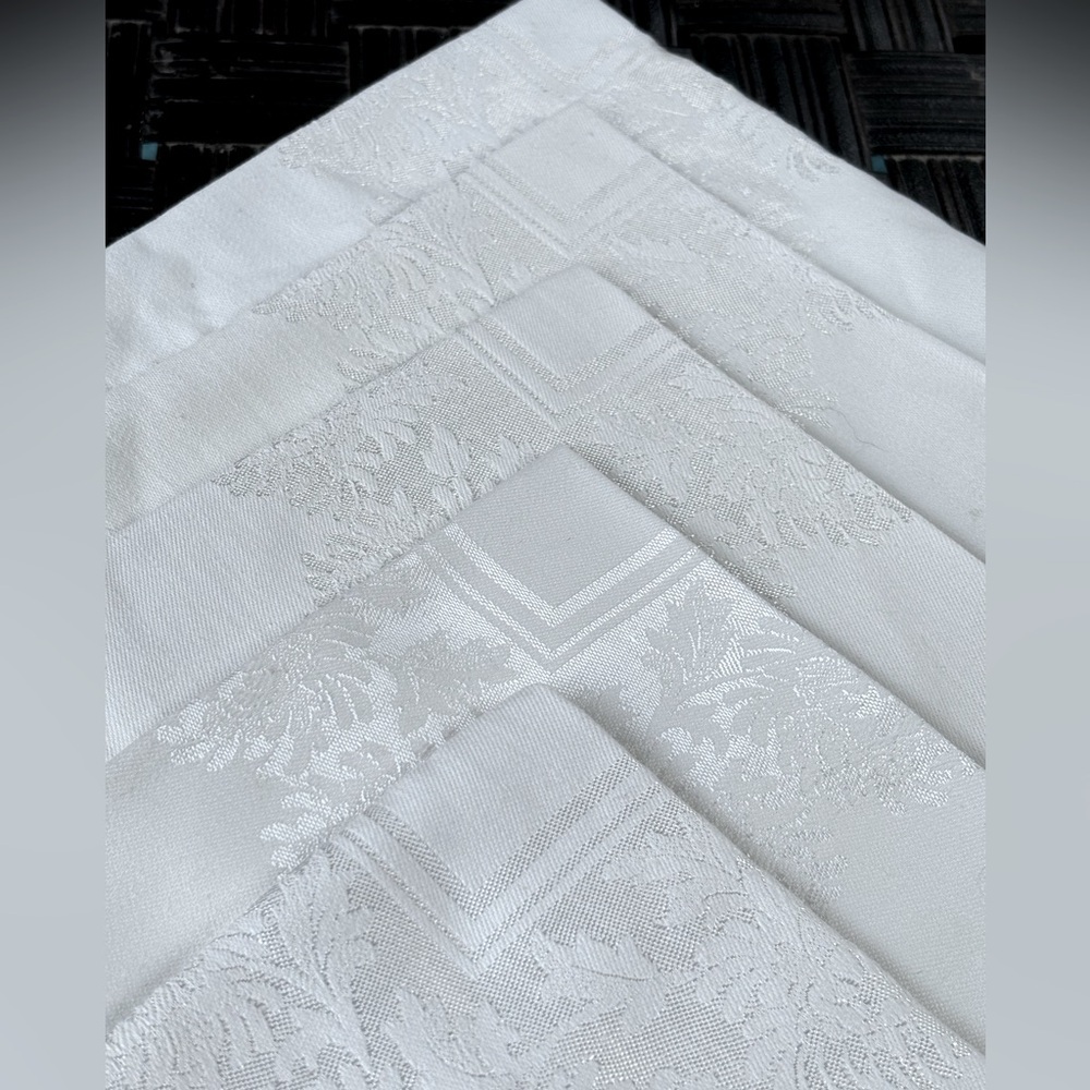 5 Soft White Damask Vintage Napkins. 16.5”sq.1950c. Mid Century Modern Tableware